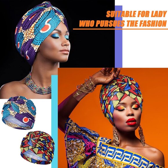 4 Pieces African Headwrap Turban for Women Hair Wrap Head Cap Stretch Pre-Tied K - Picture 2 of 7